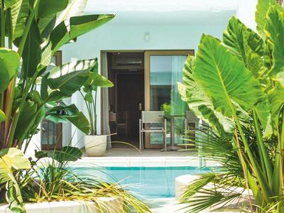 Luxury villa patio with glass doors, tropical plants, and blue swimming pool in bright sunlight.