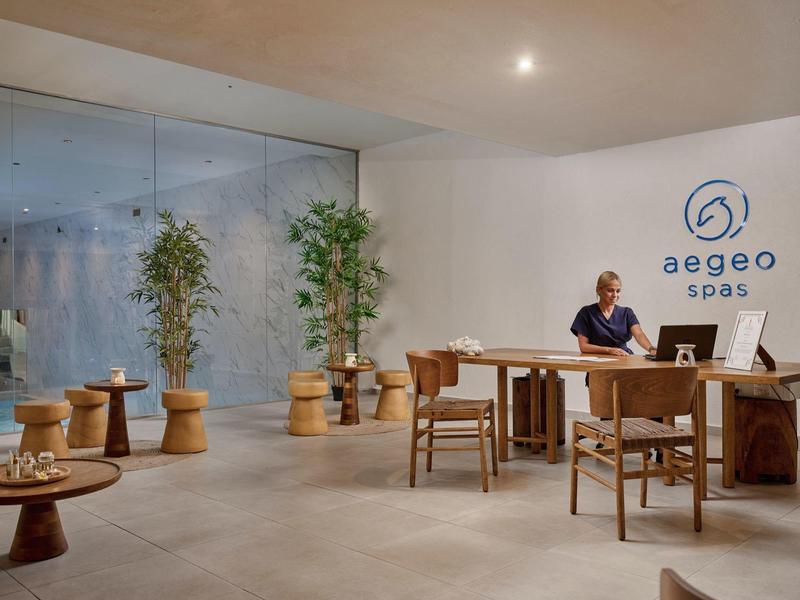 Reception area in a spa with wooden furniture and potted plants under soft lighting.