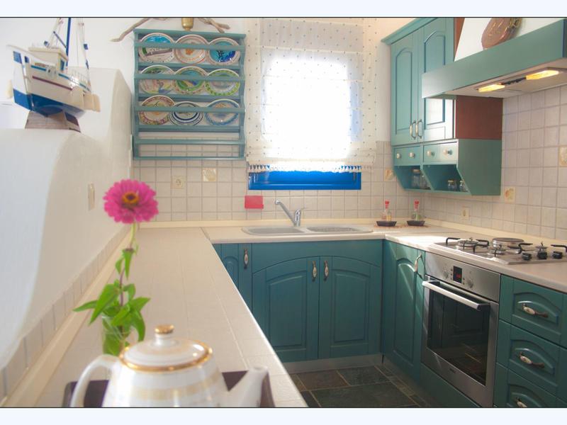 Malá kuchyň s modrými skříňkami, bílými dlaždicemi a jedinou růžovou květinou na pracovní desce.