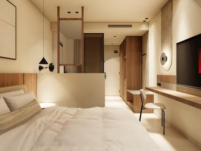 Modern hotel room with double bed, wooden furniture, and wall-mounted TV.