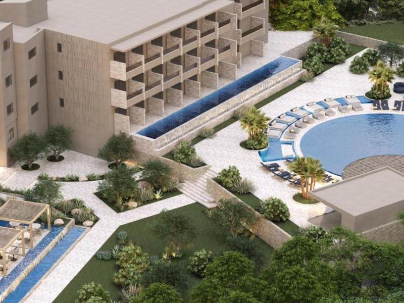 Model of a hotel with pool, sun terrace, and surrounding garden area.