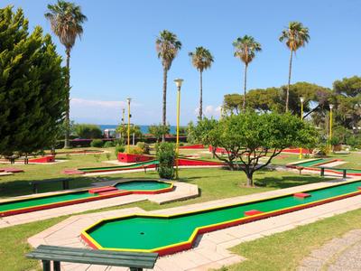 Minigolfbaan met palmbomen en groen gras onder een heldere blauwe lucht buiten.