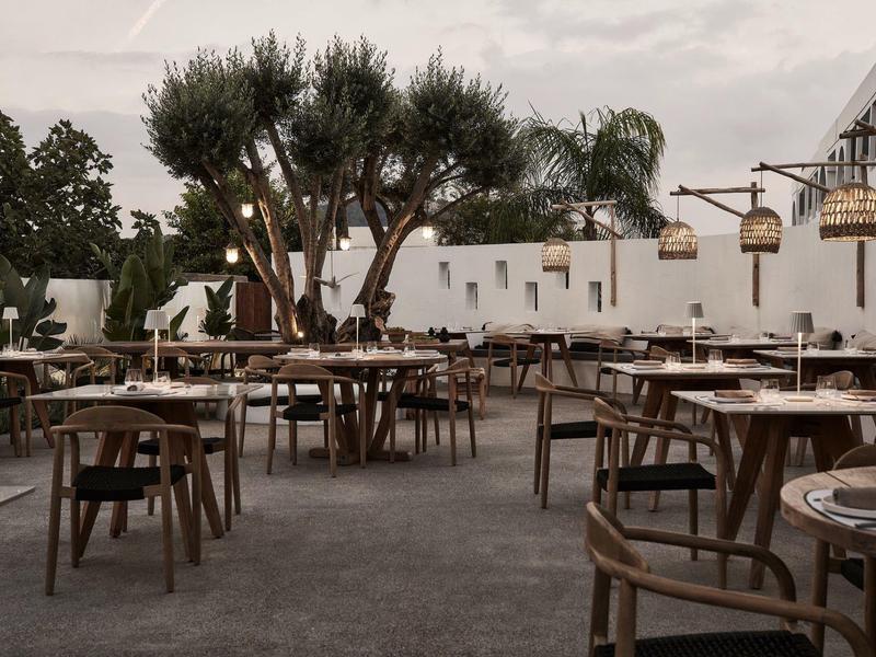Ristorante all'aperto con tavoli di legno, sedie e alberi alla luce del giorno.