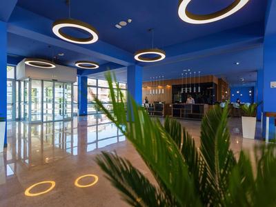 Heller, moderner Innenraum mit blauen Wänden, runden Deckenlampen und grüner Pflanze im Vordergrund.