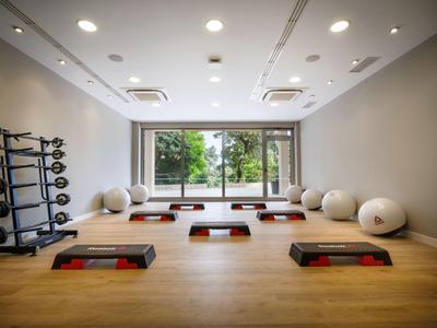 Moderner Fitnessraum mit Holzboden, Steppern, Gymnastikbällen und Gewichten vor einem Fenster mit Blick ins Grüne.