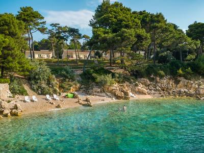 Helderblauw zeewaterstrand met bomen en rotsen langs de kustlijn.