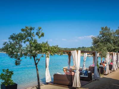 Een strandpromenade met fauteuils en gordijnen naast een dunne boom en blauw water onder een heldere lucht.