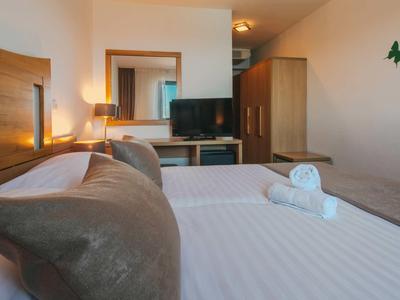 Cozy hotel room with a bed, TV, mirror, wardrobe, and butterfly wall decor.