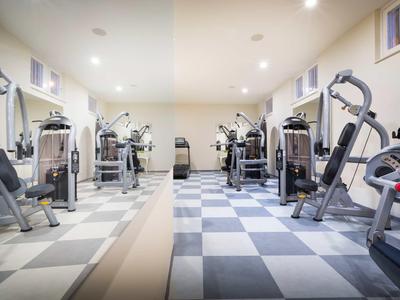 Palestra moderna con varie attrezzature per allenamento e un grande specchio a parete.