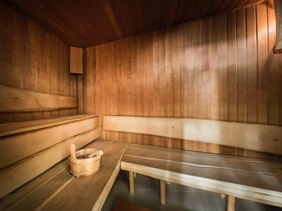 Vue intérieure d'un sauna en bois avec des bancs et un seau avec une louche.