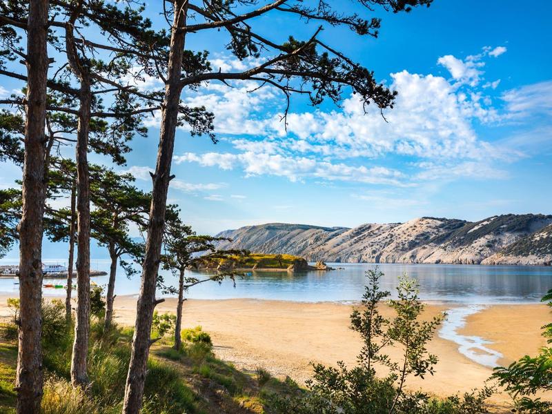 Sandstrand mit Pinienbäumen, klarem blauen Himmel und felsigen Hügeln im Hintergrund.