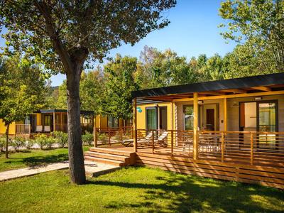 Moderne gelbe Holzbungalows mit Veranda in grüner, sonniger Gartenanlage mit Bäumen.