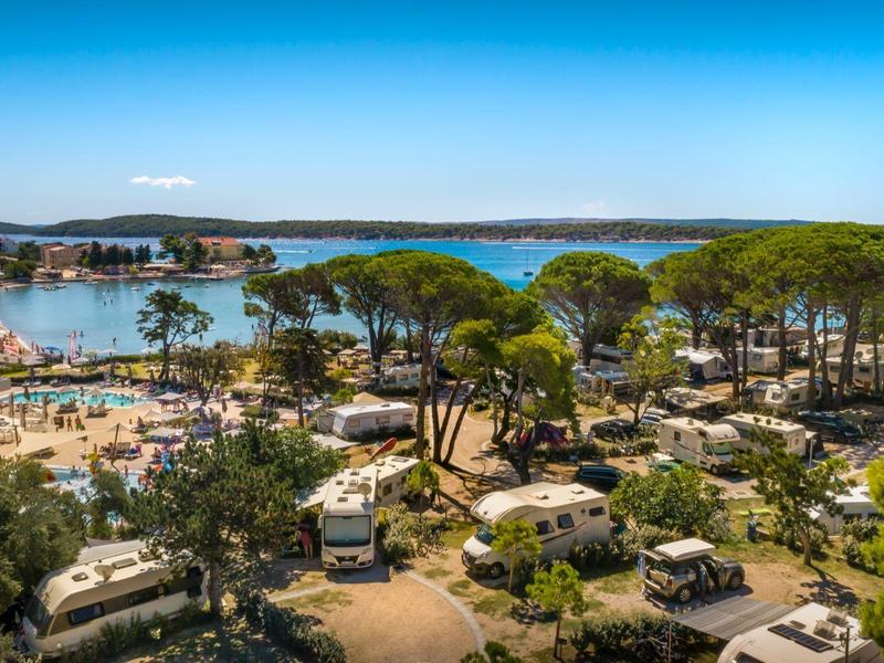 Campeggio con roulotte vicino al mare, circondato da pini e cielo limpido.