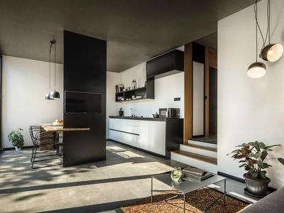 Modern living area with kitchen, dining table, and cozy seating corner with plants.