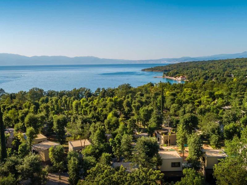 View of a green coastal landscape with houses and blue sea in sunlight.