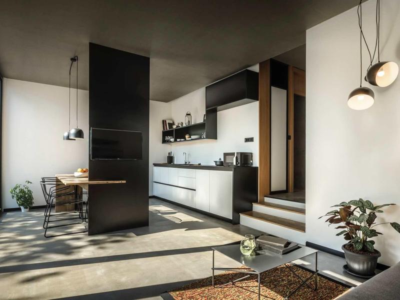 Modern living area with kitchen, dining table, and cozy seating corner with plants.