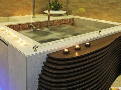 Modern wellness area with jacuzzi, indirect lighting, and comfortable seating.