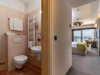 Bathroom and bedroom of a modern hotel room with a view of the landscape.