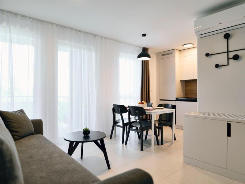 Modern living room with sofa, dining table, and kitchenette in bright setting.