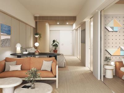 Moderní hotelový pokoj s obývací částí, postelí a neutrálními tóny.