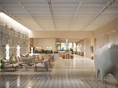 Světlá, moderní hotelová lobby s dřevěnou podlahou a pohodlnými posezeními.