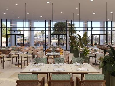 Moderner Hotelrestaurantbereich mit großen Fenstern, Pflanzen und eleganten Essbereichen.