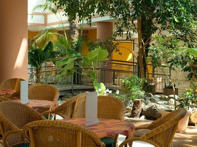 Helle Hotellobby mit Rattanmöbeln, Pflanzen und natürlichem Licht durch große Fenster.