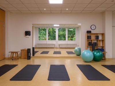 Světlá joga místnost s podložkami a fitness míči před velkými okny
