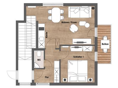 Grundriss einer Ferienwohnung mit Wohnzimmer, Schlafzimmer, Küche, Bad und Balkon.