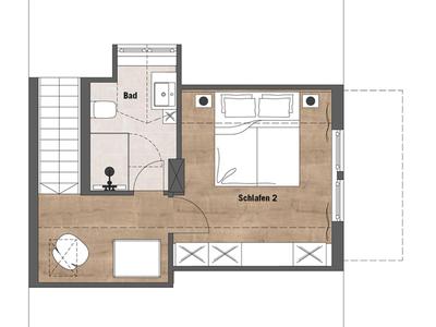 Grundriss eines Hotelzimmers mit Schlafzimmer, Bad und kleinen Sitzbereich.