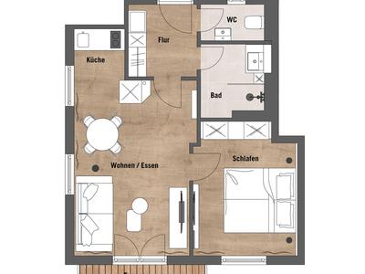 Grundriss eines Hotelzimmers mit Wohnbereich, Küche, Schlafzimmer, Bad und Terrasse.