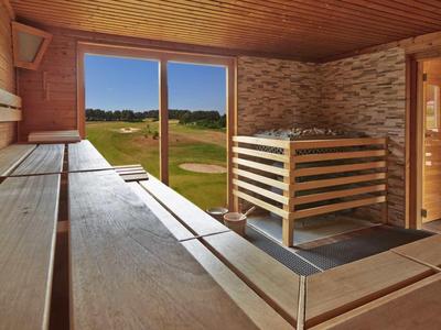 Helle Sauna aus Holz mit breiten Sitzbänken, Fenster mit Blick auf grüne Wiesen und blauen Himmel.