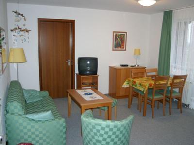 Kleines Wohnzimmer mit grün karierten Möbeln, TV, Holztisch und Esstisch mit vier Stühlen.