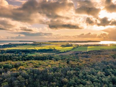 Landschaft mit Wald, Wiesen und Wasser unter einem bewölkten Himmel bei Sonnenuntergang.