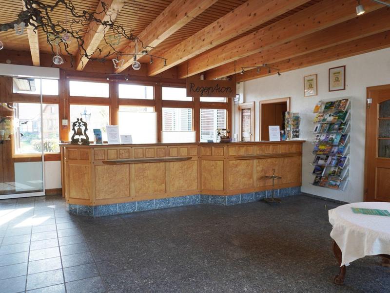 Hall d'hôtel lumineux avec comptoir en bois et grandes fenêtres laissant entrer la lumière du jour.