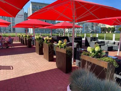 Terrazza all'aperto con ombrelloni rossi e piante in grandi vasi accanto alle aree salotto.