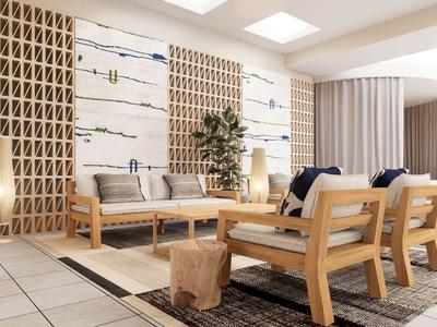 Modern eingerichteter Hotel-Loungebereich mit Holzmöbeln und dekorativer Wandgestaltung.