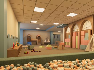 Ein heller, moderner Spielbereich mit Bällebad und bunten Spielzeugen in einem Hotel.