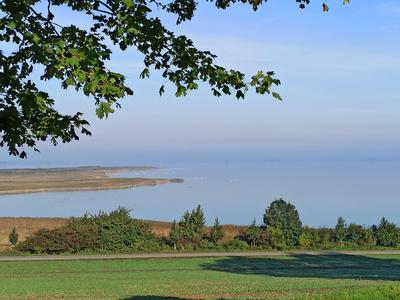 Landschaft mit Meer, Sandbank und Bäumen, blauer Himmel über ruhigem Wasser.