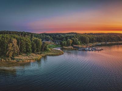 Paisaje con bosque, orilla y agua tranquila al atardecer con cielo naranja.