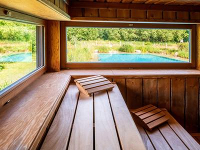Sauna de madera con vista a la naturaleza verde y un estanque a través de grandes ventanas.