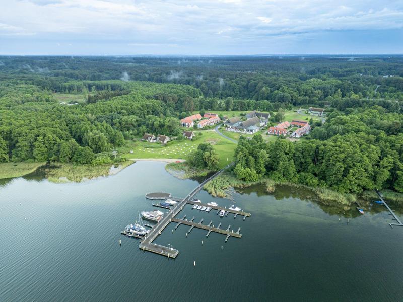 Vista aérea de un pequeño muelle con embarcaciones en la orilla boscosa de un lago bajo cielo nublado.