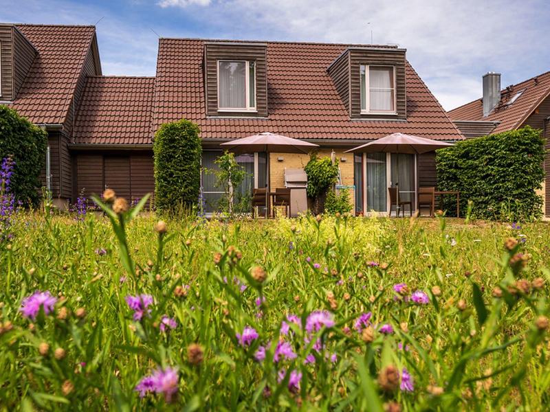 Un edificio de hotel con techo marrón y varias buhardillas, rodeado de césped verde y flores moradas.