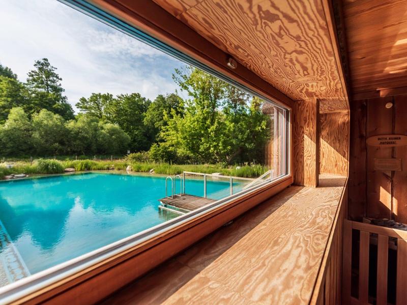 Vista a través de una gran ventana hacia una piscina y árboles desde una casa de madera.
