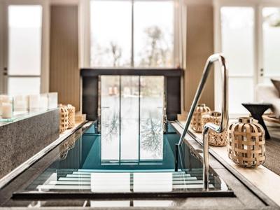 Nowoczesny basen wewnętrzny w eleganckiej strefie wellness z leżakami i dekoracjami