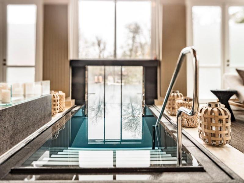 Nowoczesny basen wewnętrzny w eleganckiej strefie wellness z leżakami i dekoracjami