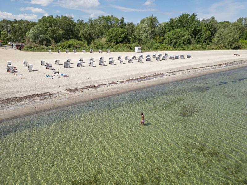 Clear water with a person swimming in shallow sea and rows of beach chairs on the sandy shore.