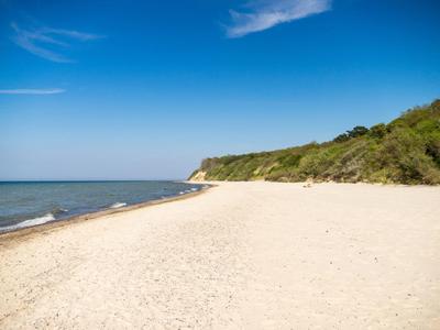 Ampia spiaggia sabbiosa vuota con cielo blu e area costiera boschiva sullo sfondo.