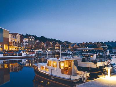 Evening harbor view with illuminated boats and houses by the water.