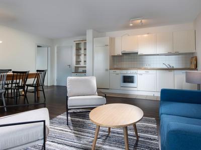 Modern eingerichtetes Wohnzimmer mit heller Küche, Sitzbereich und Esstisch in einem Apartment.